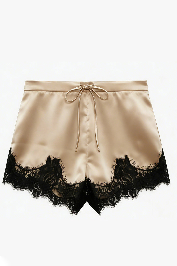 Coordinated Black Puff Sleeve Top & Lace Trim Satin Shorts Set