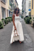 Boho Fringed White Maxi-Length Dress with Pockets
