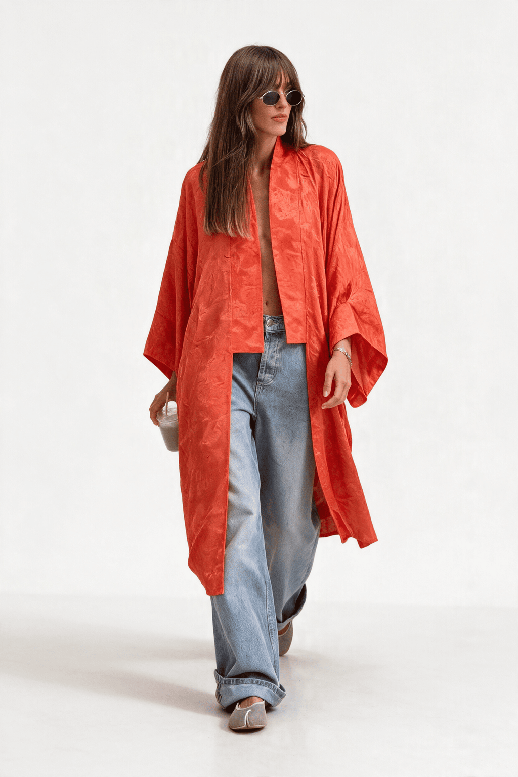 Orange Jacquard Kimono Knit Cardigan