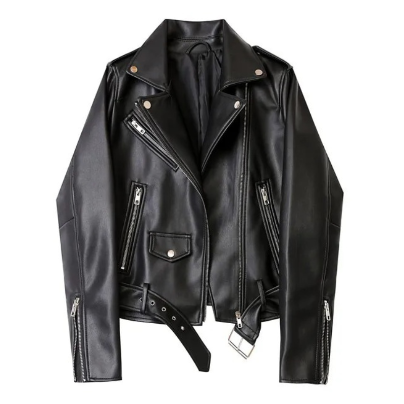 Leather Biker Jacket with Zippers and Belt