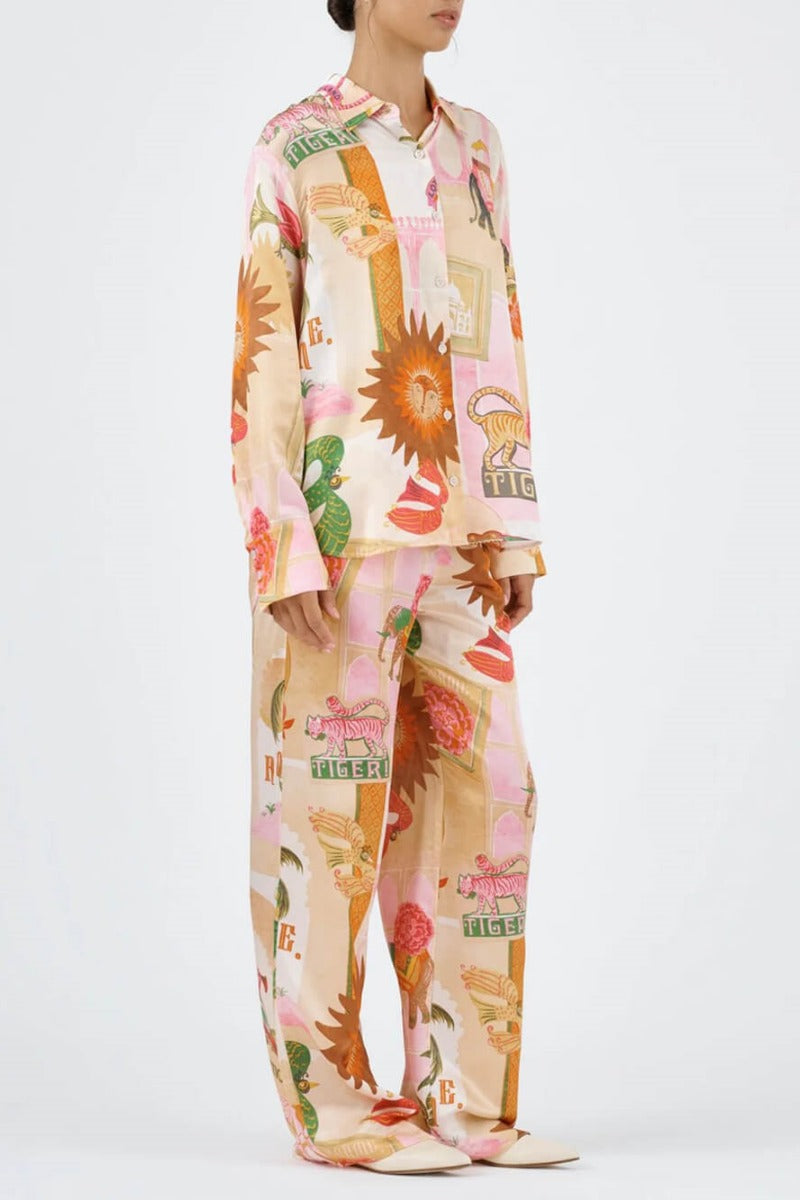Distinctive Patterned Relaxed Shirt Top and Elastic Waist Loose Trousers Set