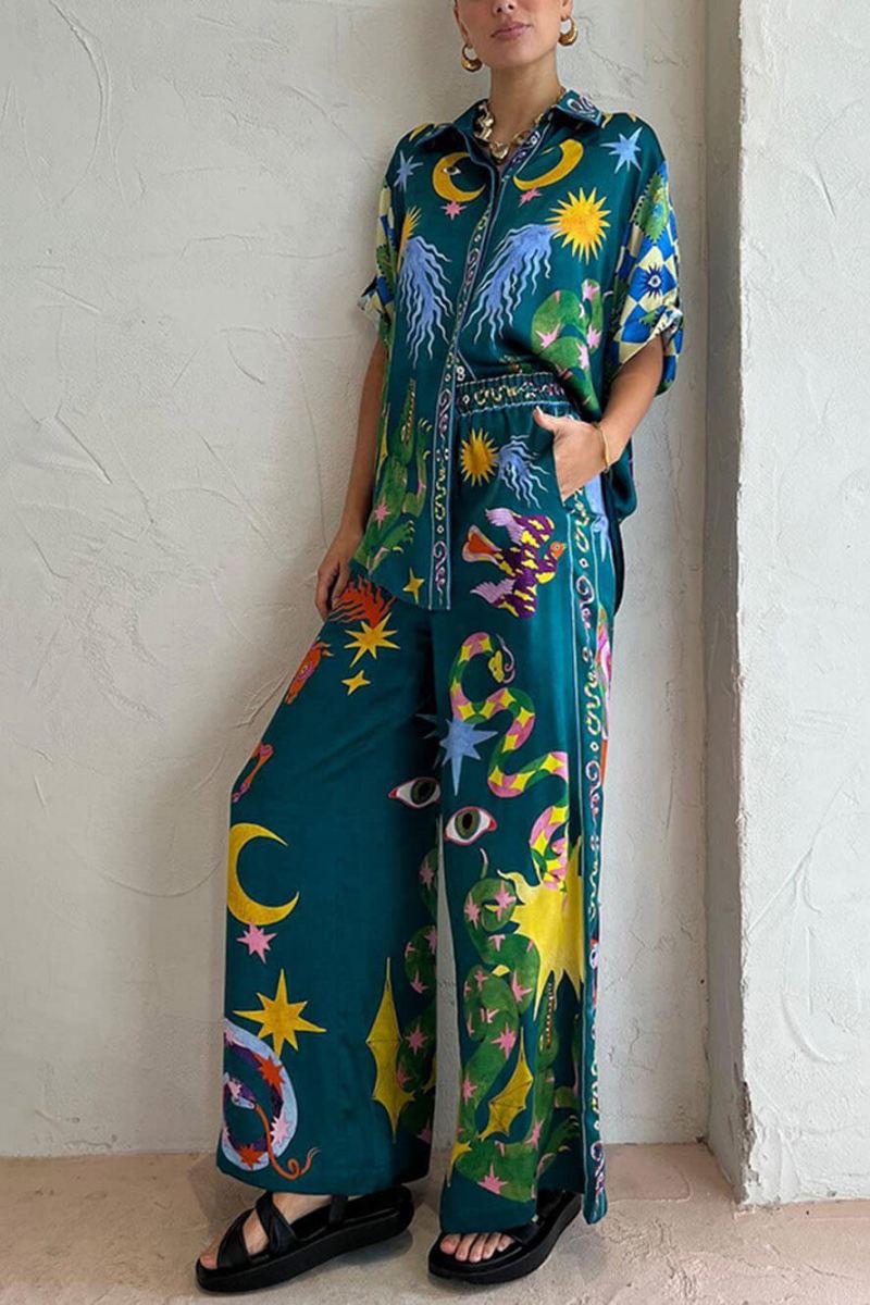 Distinctive Print Elastic Waist Pocketed Wide-Leg Trousers Set