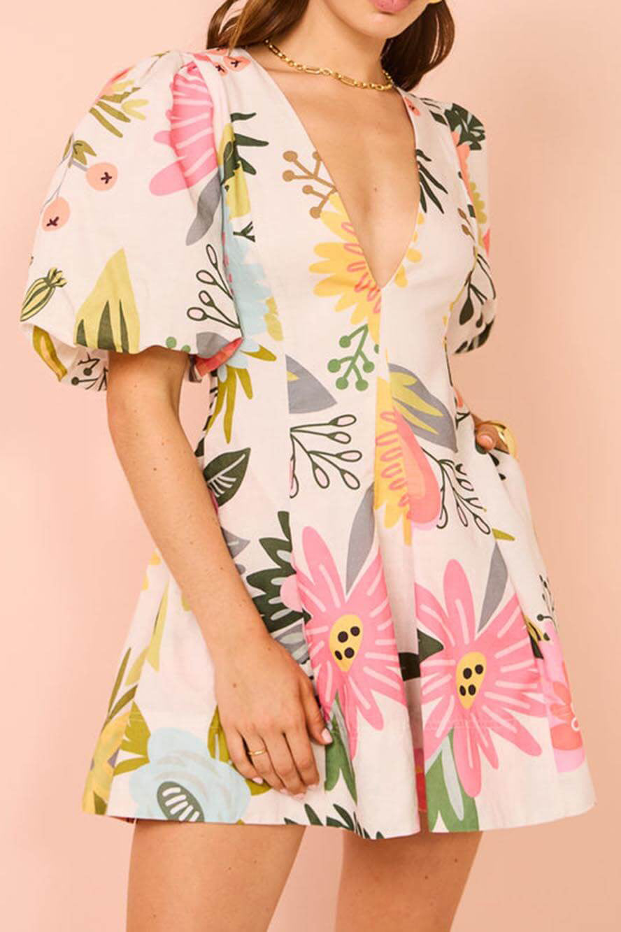 Flower Print Puff Sleeve Pocketed Mini-Length Dress