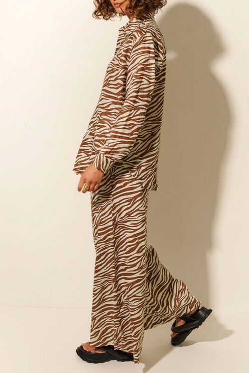 Button Open Collar Loose Zebra Print Drawstring Wide-Leg Trousers-Set