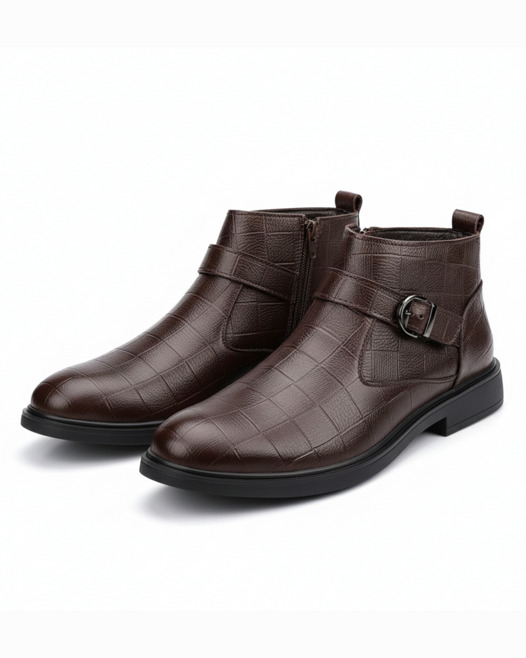 Full-Grain Leather Boots with Buckle Strap