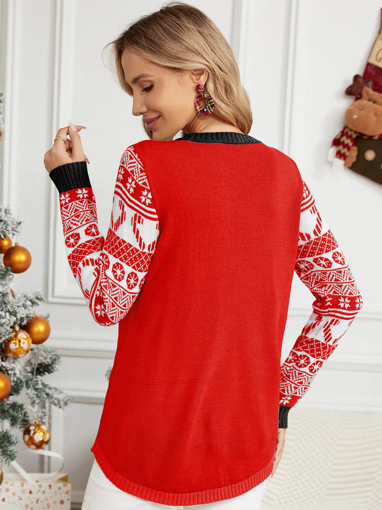Christmas Long Sleeve Cat Applique Crew Neck Knit Sweater