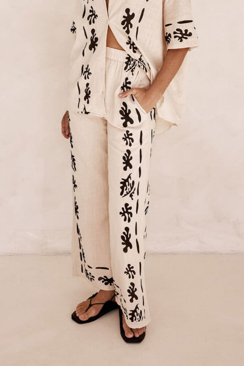 Black Patterned Cream Wide-Leg Trousers-Set