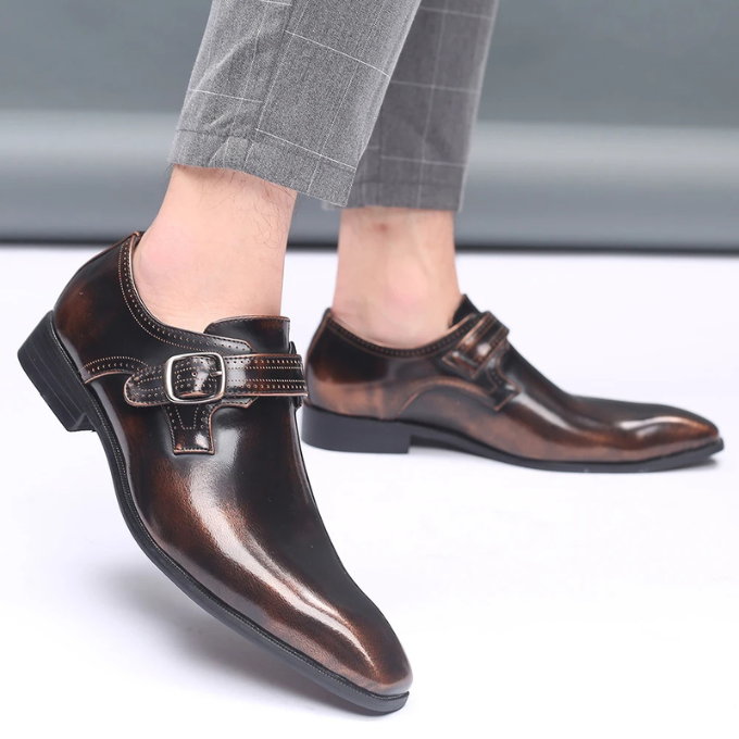 Burnished Leather Monk Strap Shoes with Buckle Strap