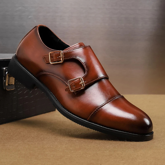 Full-Grain Leather Monk Strap Shoes with Cap-Toe Detail