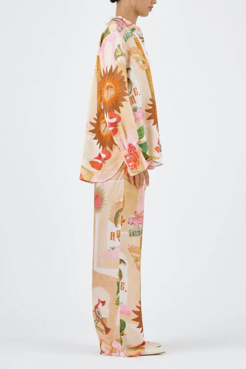 Distinctive Patterned Relaxed Shirt Top and Elastic Waist Loose Trousers Set