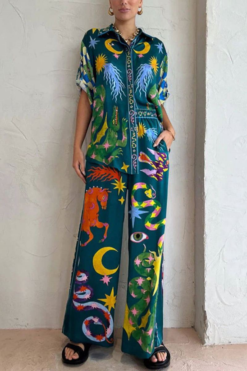 Distinctive Print Elastic Waist Pocketed Wide-Leg Trousers Set