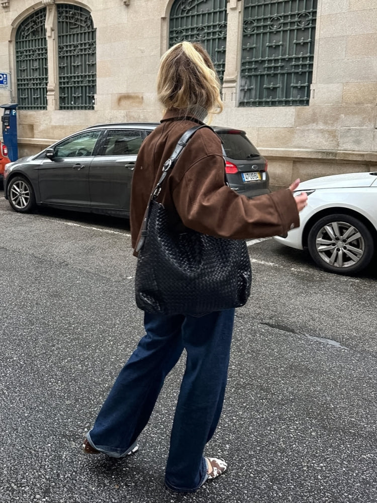 Lightweight Suede Jacket with Button Closure and Pockets