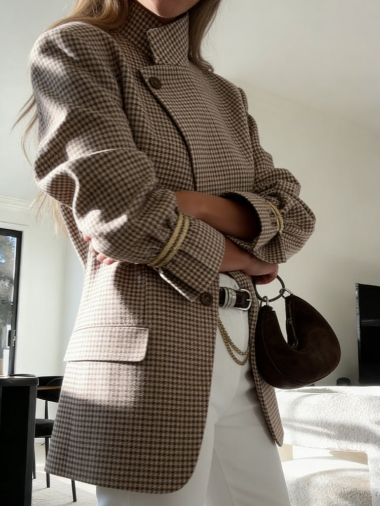 Blazer with Plaid, Stand Collar and Relaxed Fit