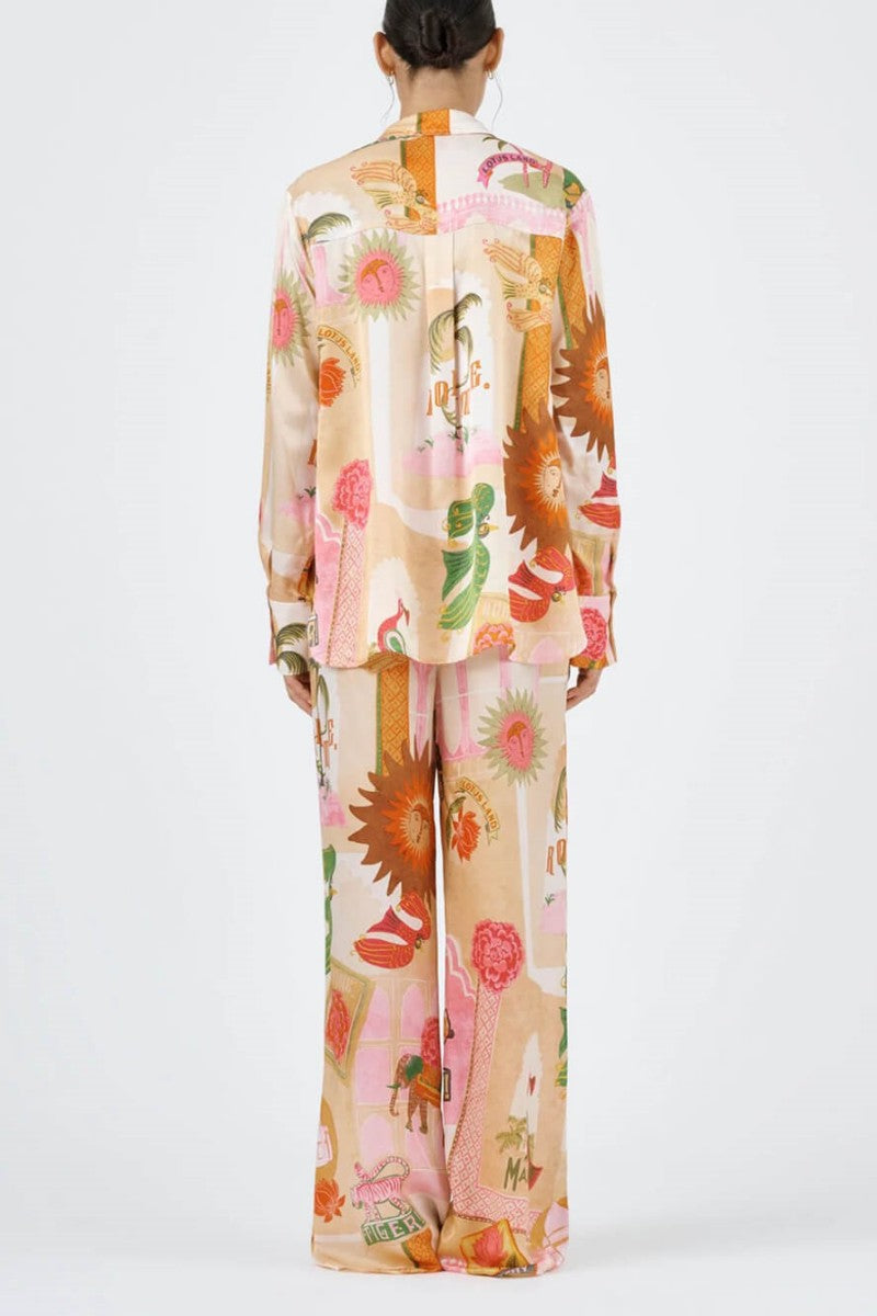 Distinctive Patterned Relaxed Shirt Top and Elastic Waist Loose Trousers Set