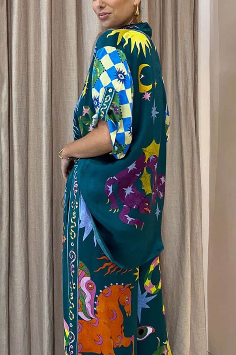 Distinctive Print Elastic Waist Pocketed Wide-Leg Trousers Set
