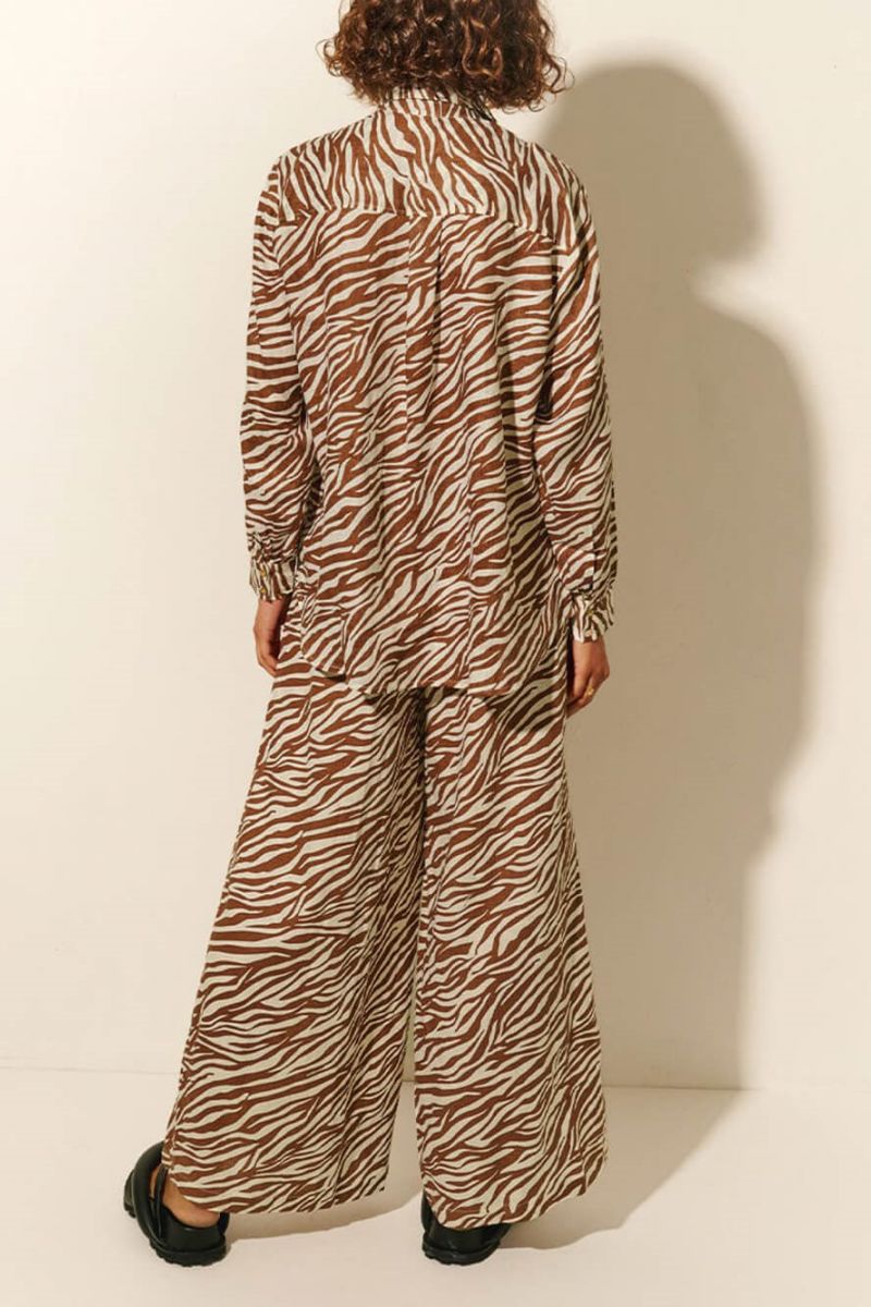 Button Open Collar Loose Zebra Print Drawstring Wide-Leg Trousers-Set