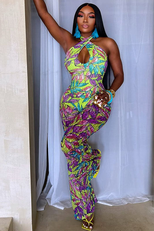 Modern Dopamine Tropical Print Halter Jumpsuit