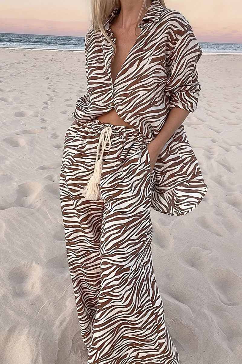 Button Open Collar Loose Zebra Print Drawstring Wide-Leg Trousers-Set