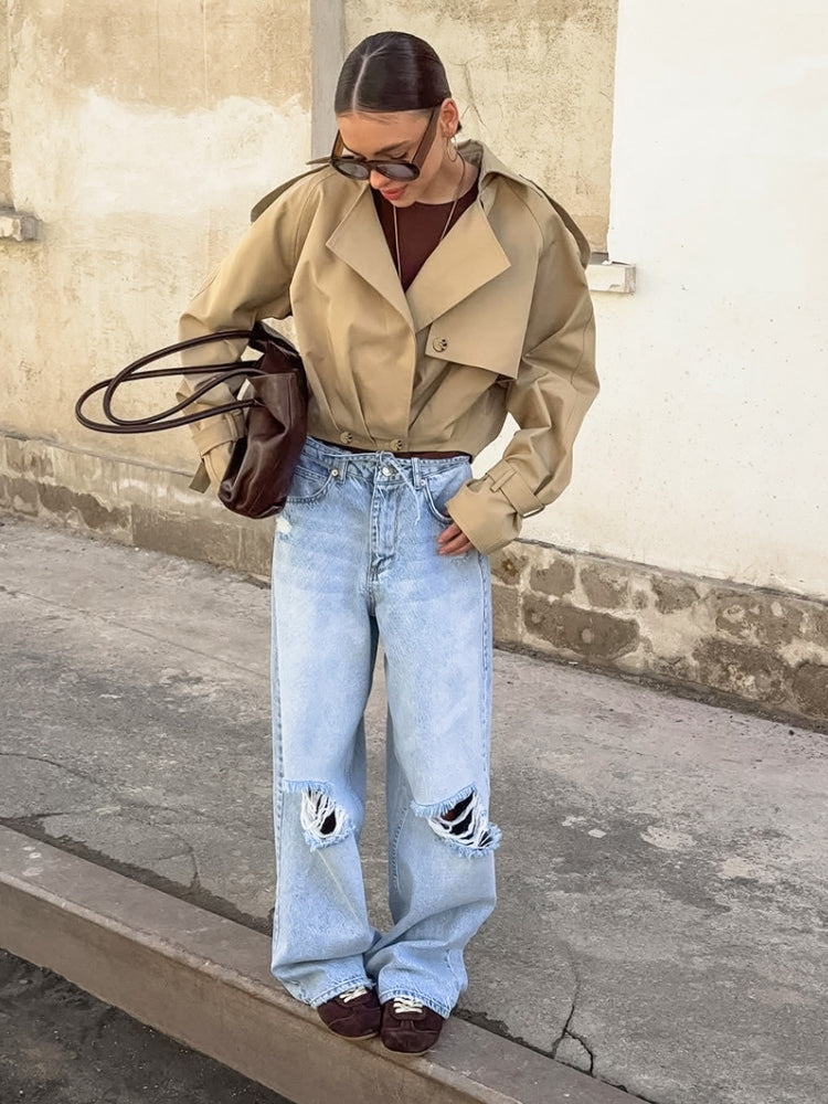 Mid-Length Coat with Lapel Collar and Relaxed Fit