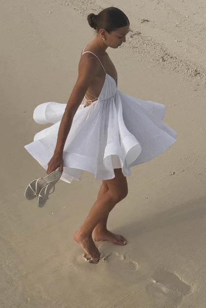 Flared Hem Deep V Open-Back Mini-Length Dress