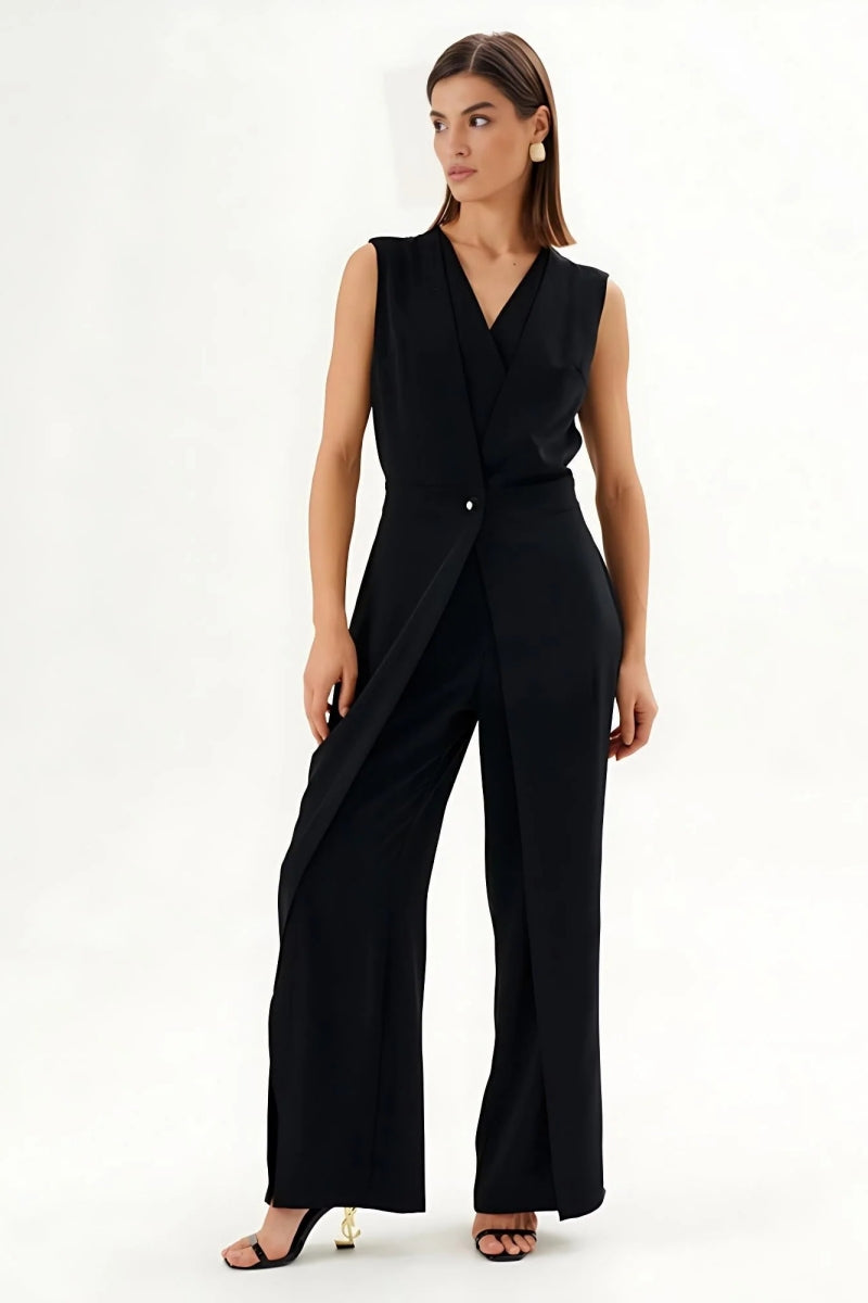 Modern Black Sleeveless Wrap-Effect Wide-Leg Jumpsuit