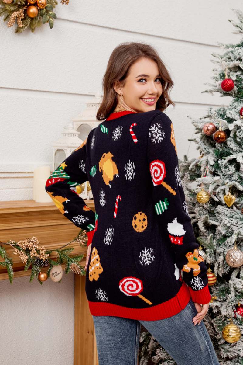 Relaxed Crew Neck Embroidered Christmas Tree Knit Sweater