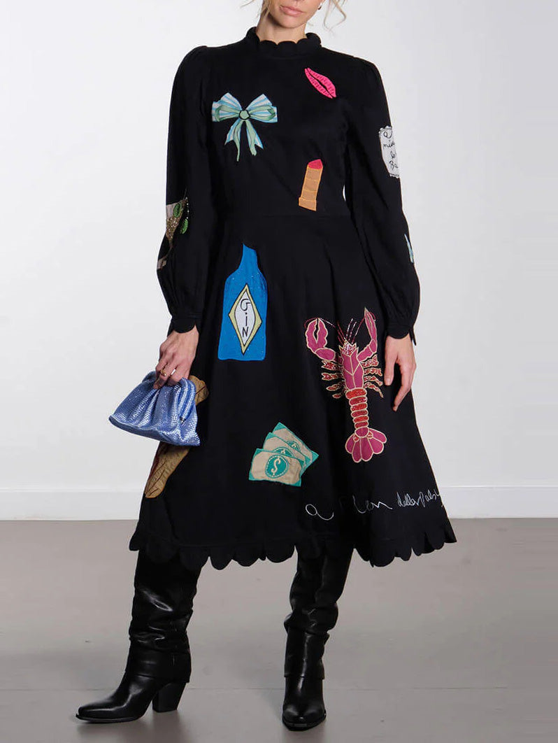 Lobster Graffiti Scallop Trim Midi-Length Dress