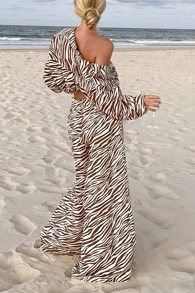 Button Open Collar Loose Zebra Print Drawstring Wide-Leg Trousers-Set