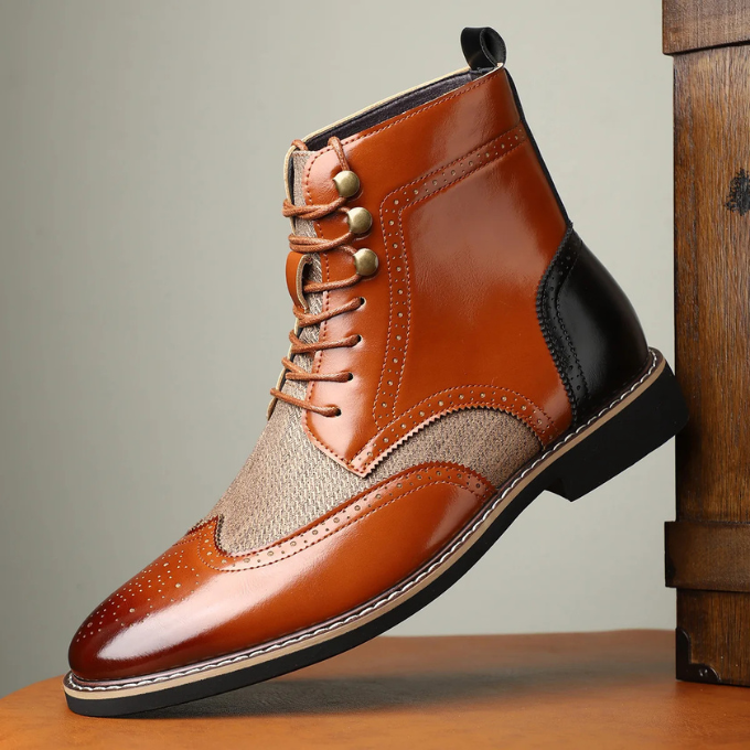 Leather Brogue Boots with Wingtip Brogue Detail