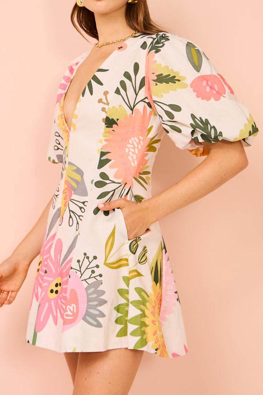 Flower Print Puff Sleeve Pocketed Mini-Length Dress
