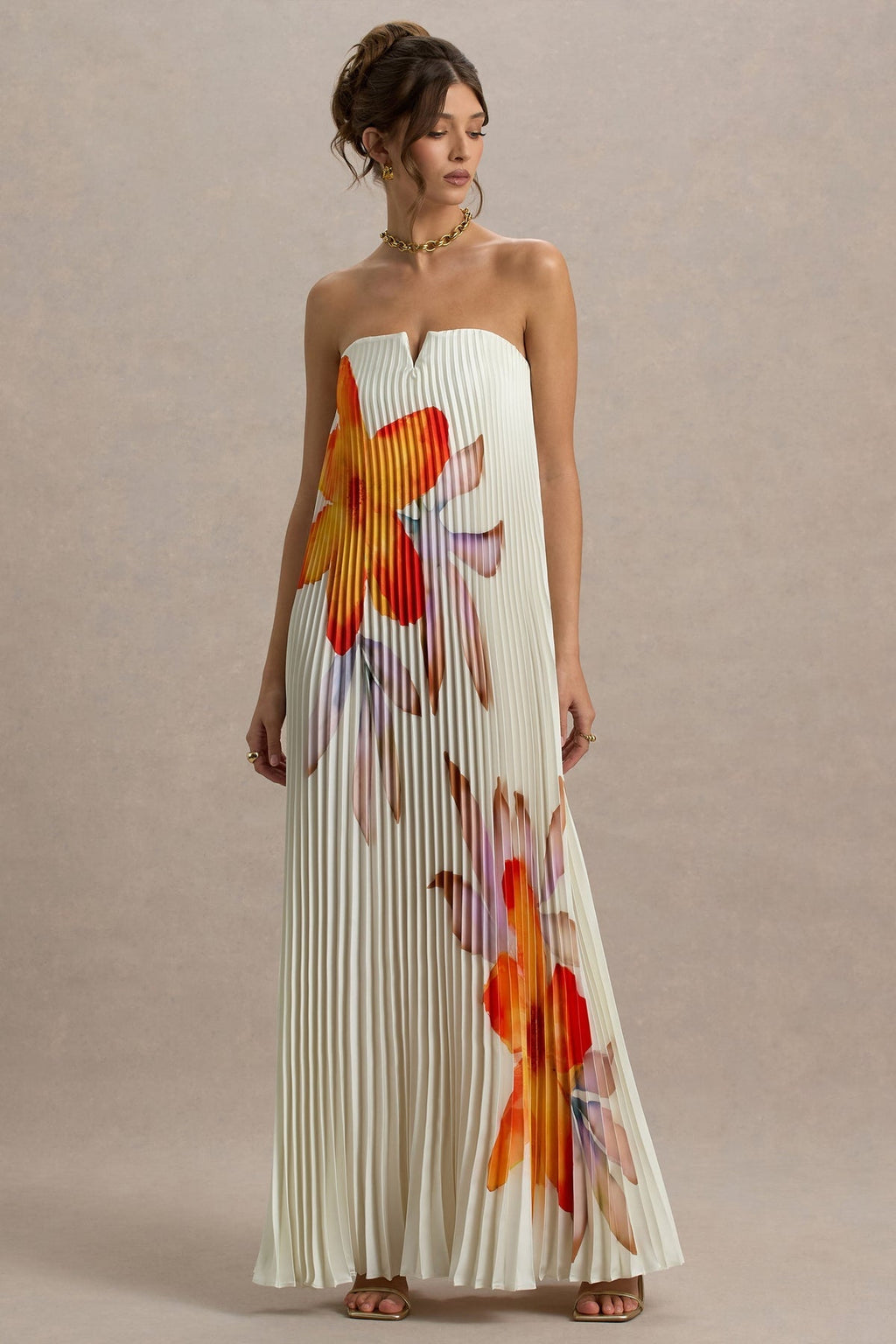 Orange Flower Sweetheart Maxi-Length Dress