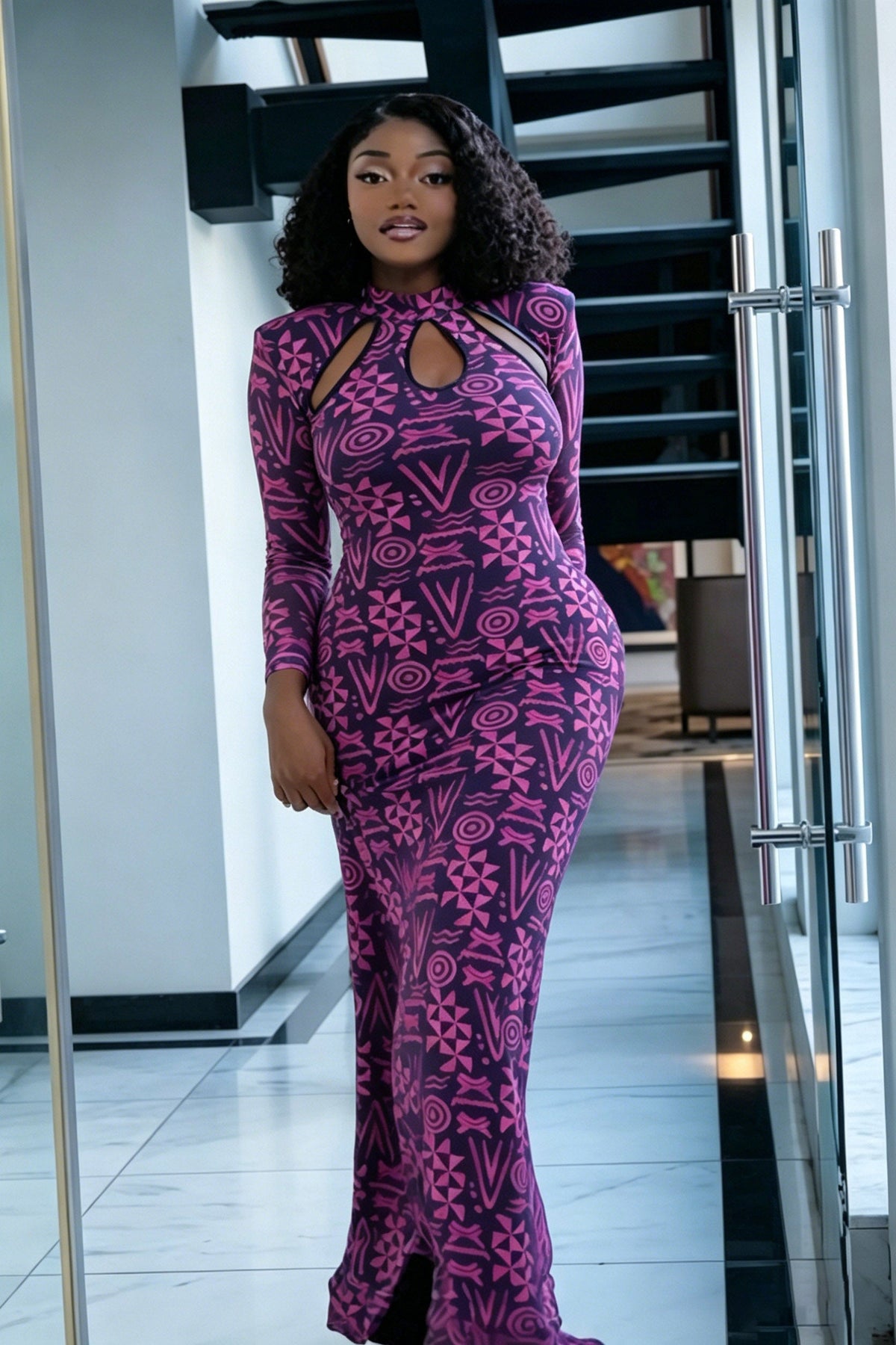 Totem Pattern Mesh Maxi-Length Dress