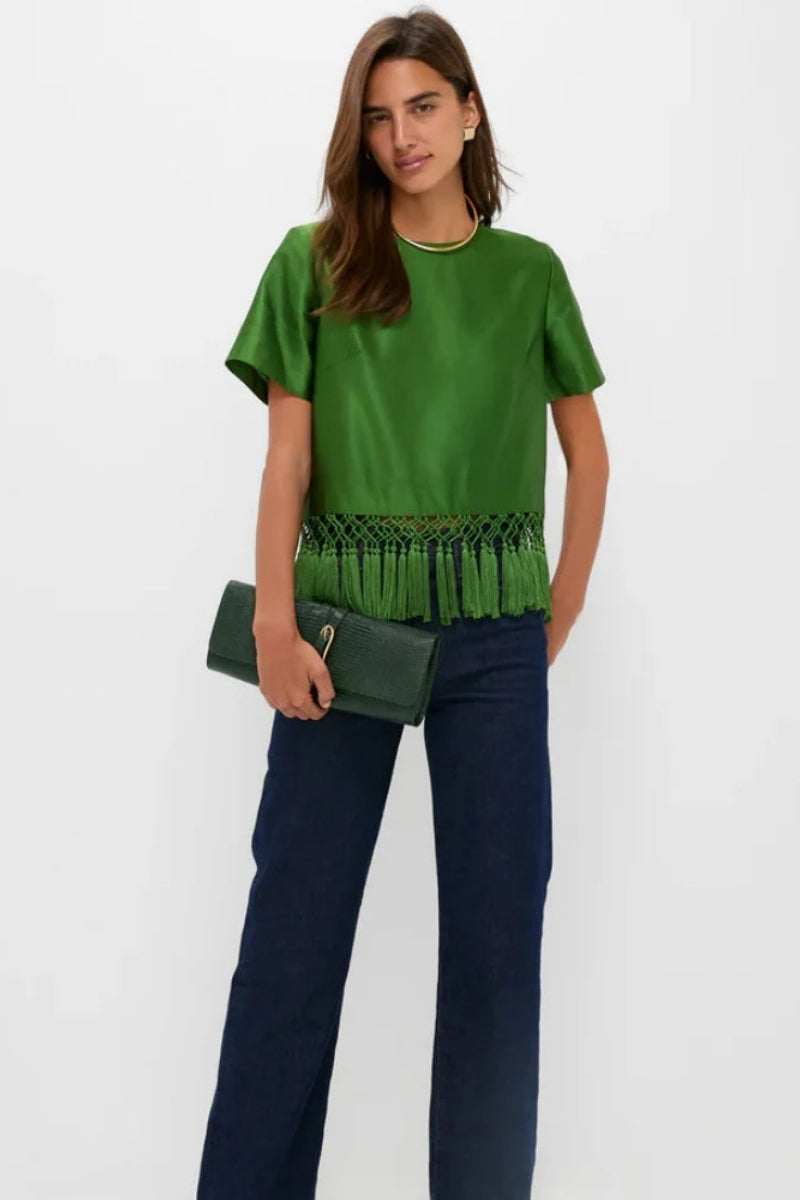 Modern Green Satin Fringe Top