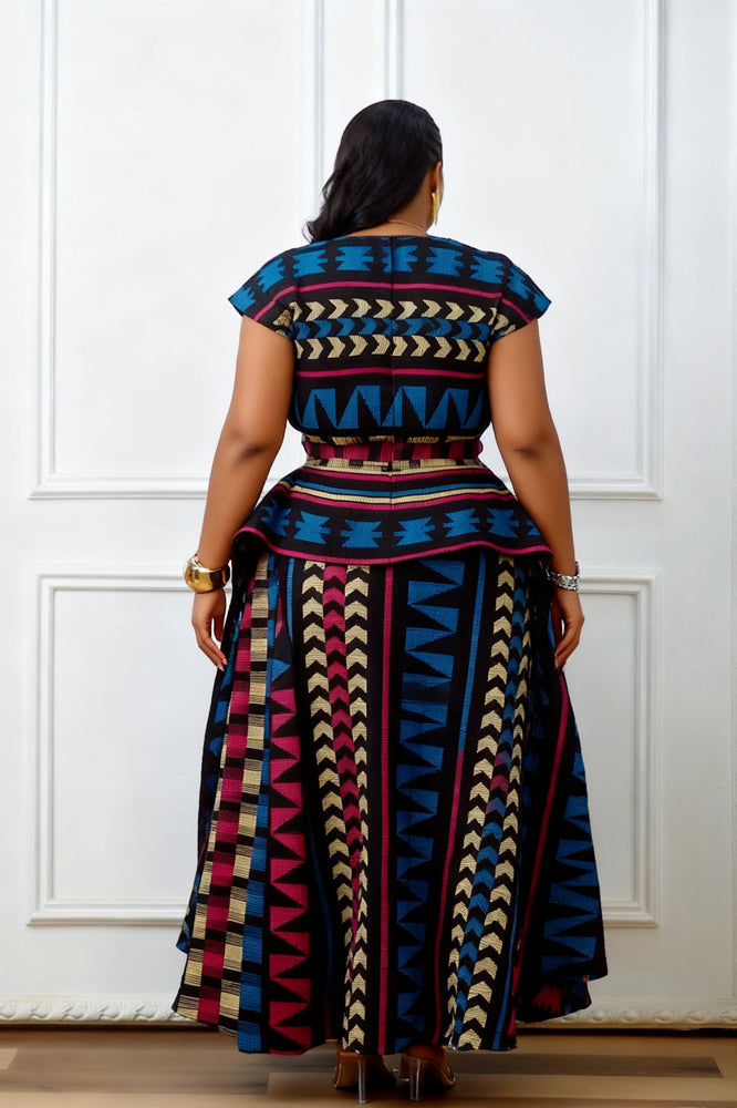 Multicolored African Print Peplum Maxi-Length Dress