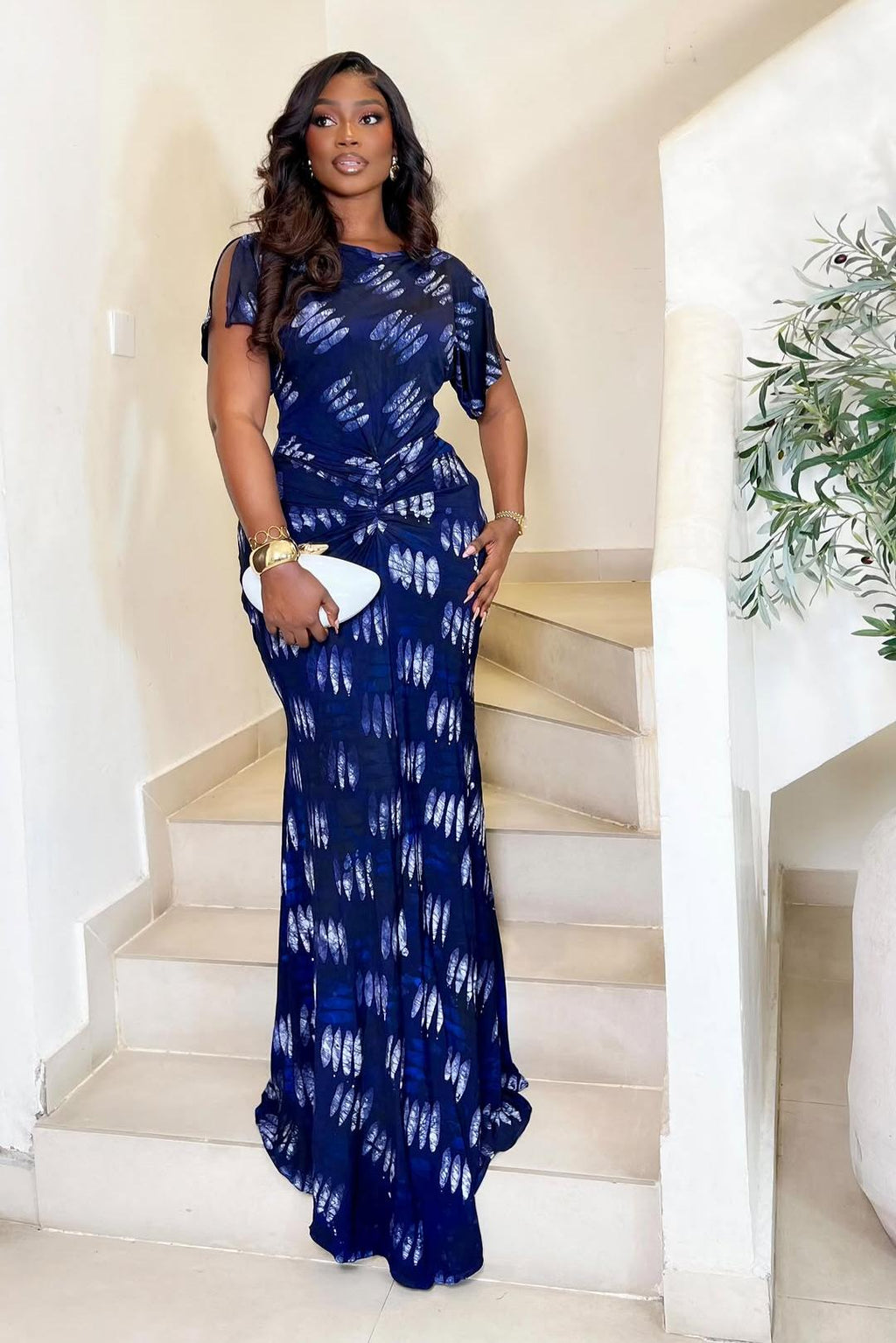 Navy Blue Feather-Print Ruched Maxi-Length Dress
