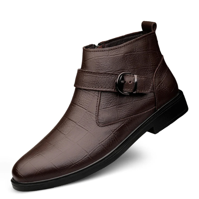 Full-Grain Leather Boots with Buckle Strap