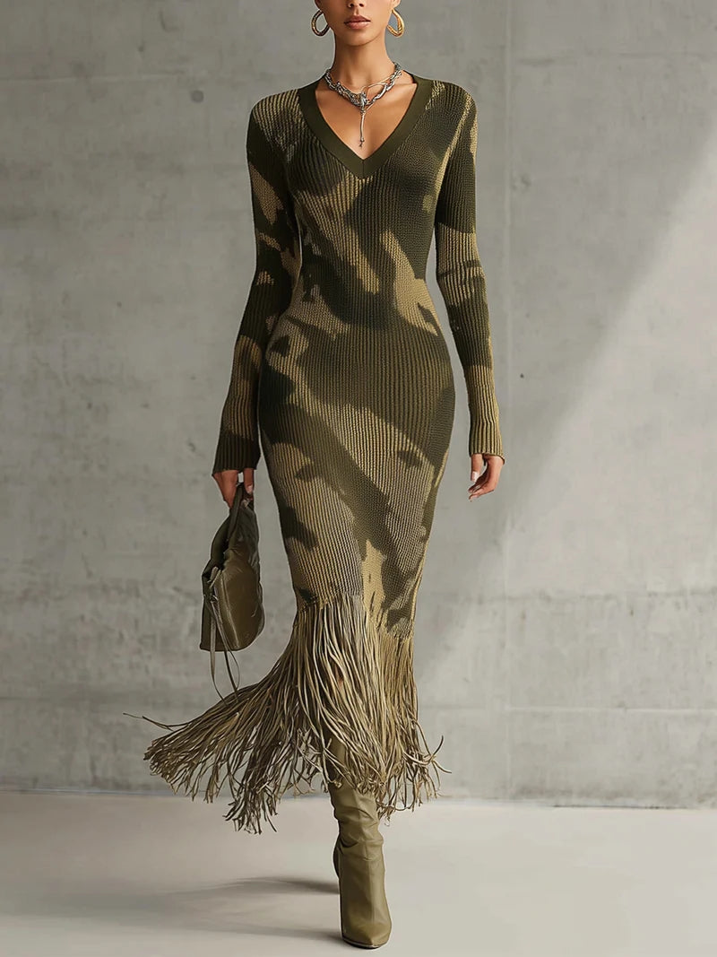 Olive Camo Knit V-Neck Fringe Hem Midi-Length Dress