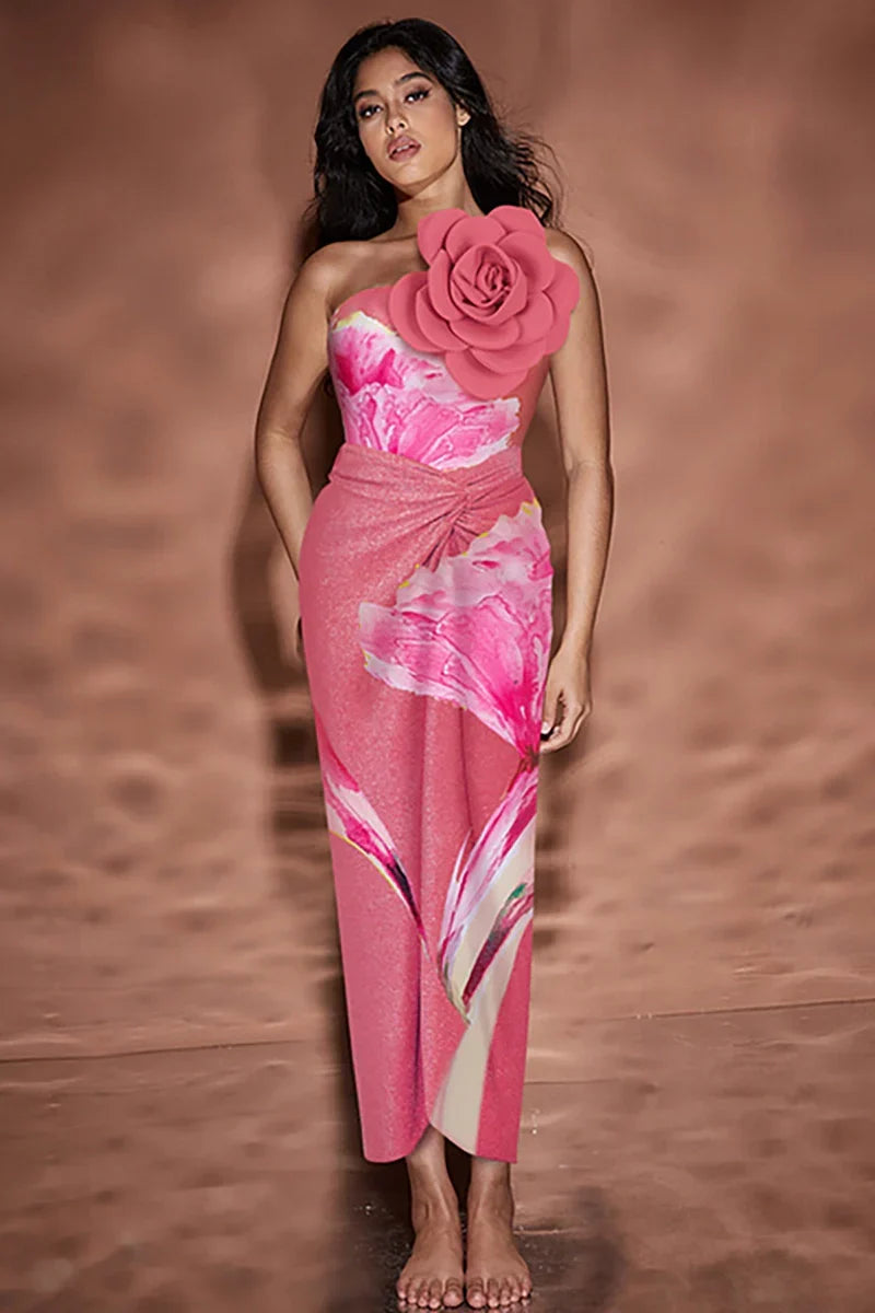 3D Flower Pink Print Swimwear Set