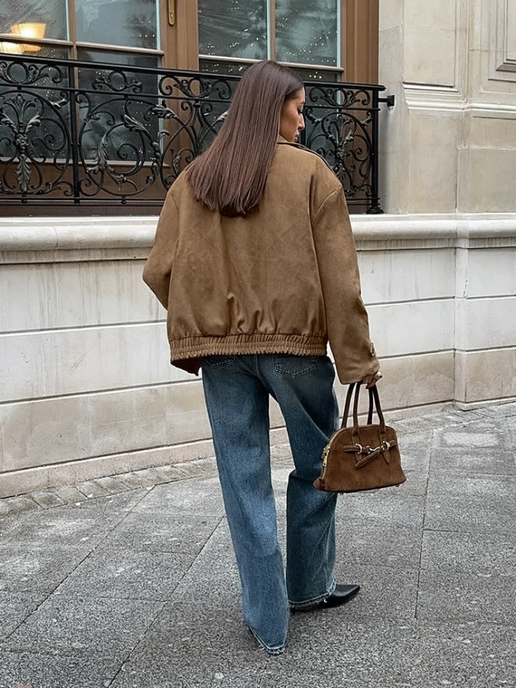 Suede Shirt Jacket with Lapel Collar
