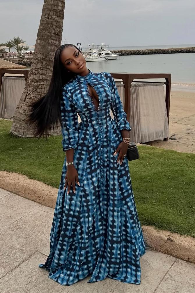 Blue Tie-Dye Button-Front Maxi-Length Dress