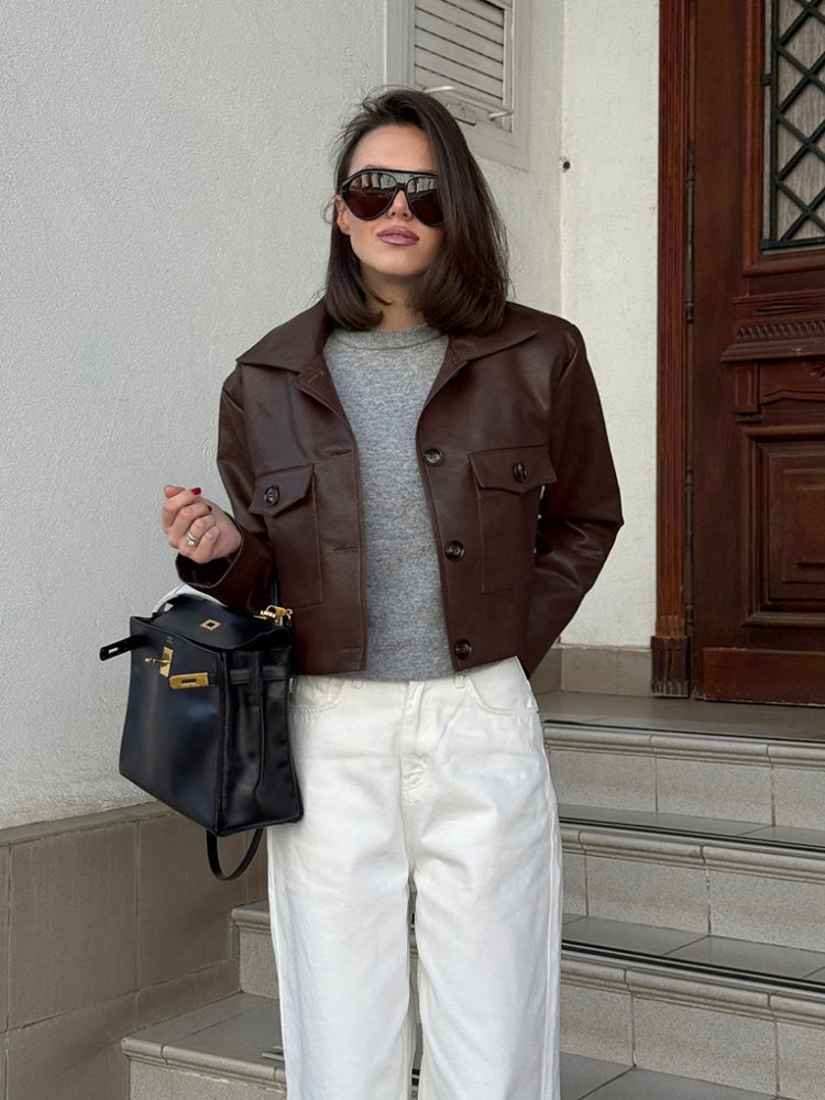 Faux Leather Jacket with Fitted Cut, Lapel Collar and Zipper