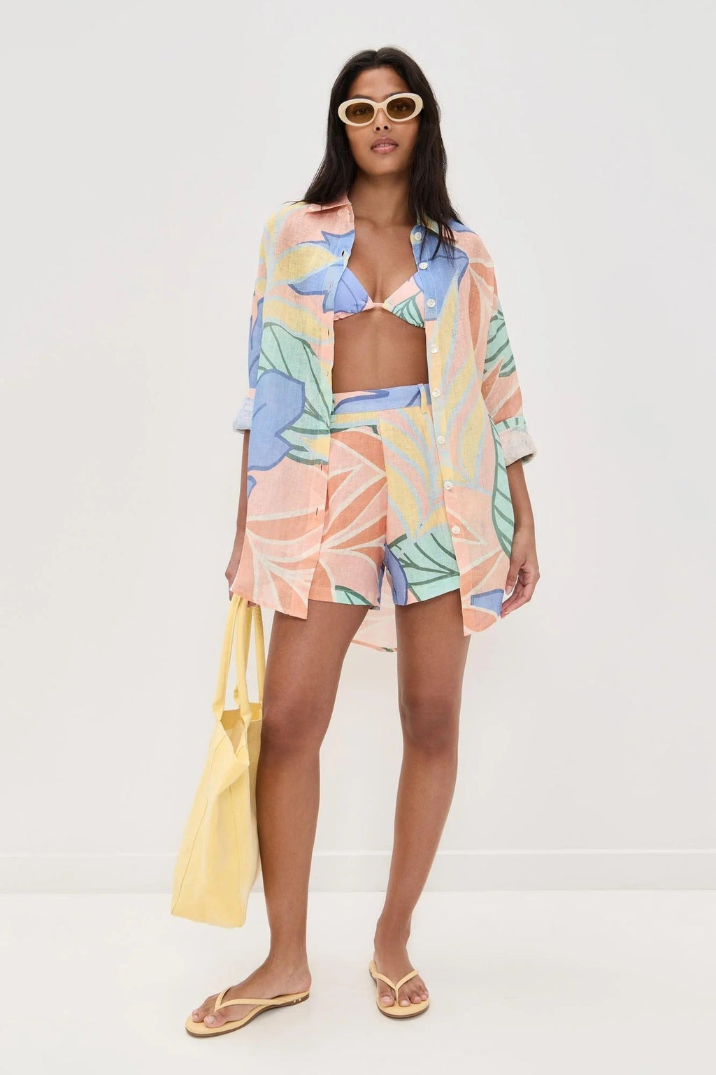 Playa Boyfriend Tropical Leaf Patterned Short Set
