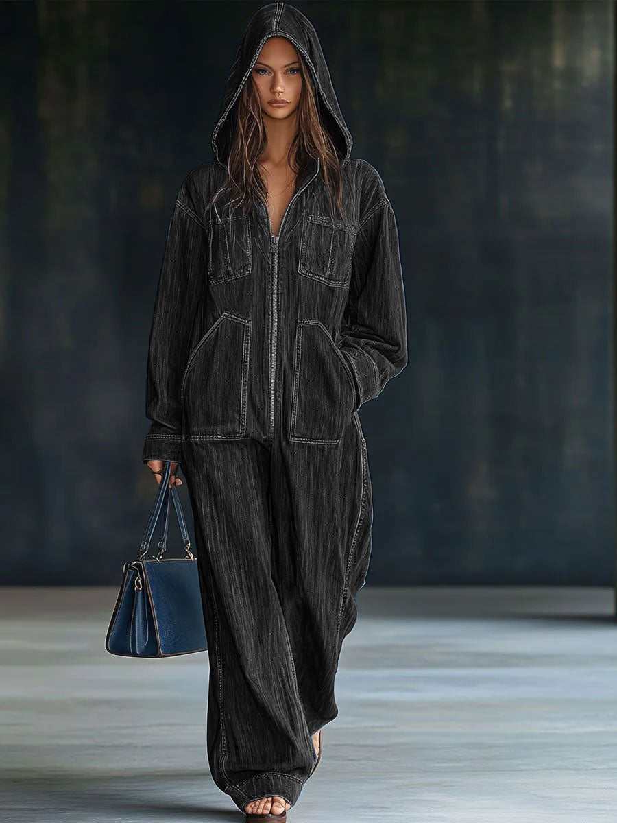 Relaxed Loose Retro Pocket Long Sleeve Hooded Zipper Denim Jumpsuit