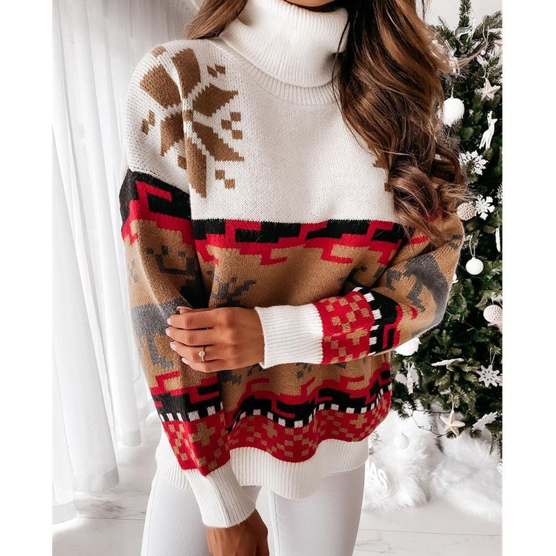 Modern Knit Pullover with Embroidered Reindeer and Snowflake Design