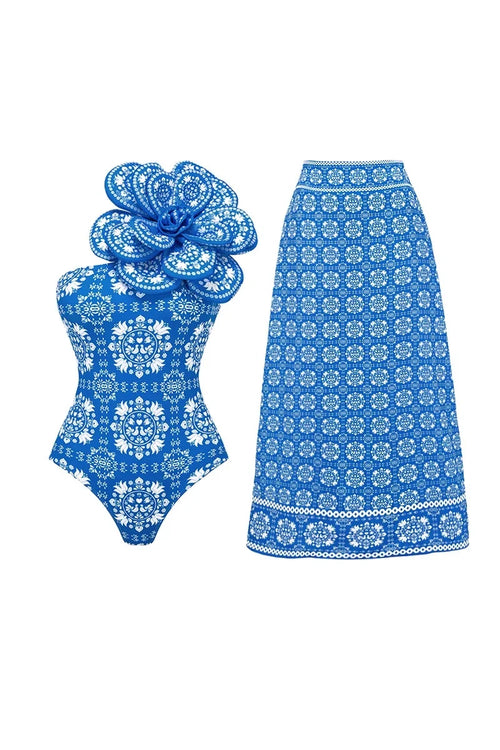 3D Flower Decor Ethnic Print Swimsuit