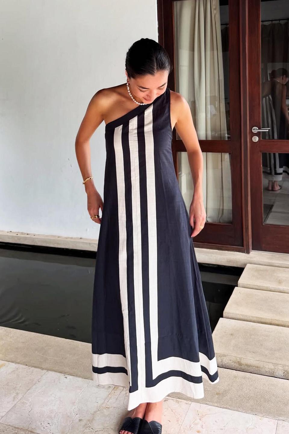 Asymmetrical Neckline Midi-Length Dress