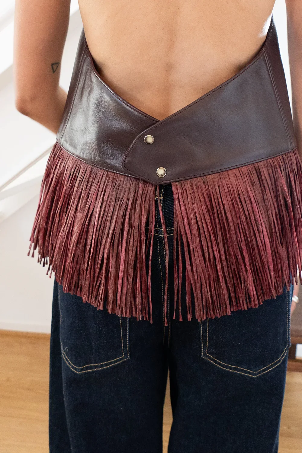 Modern Burgundy Leather Halter Fringe Top
