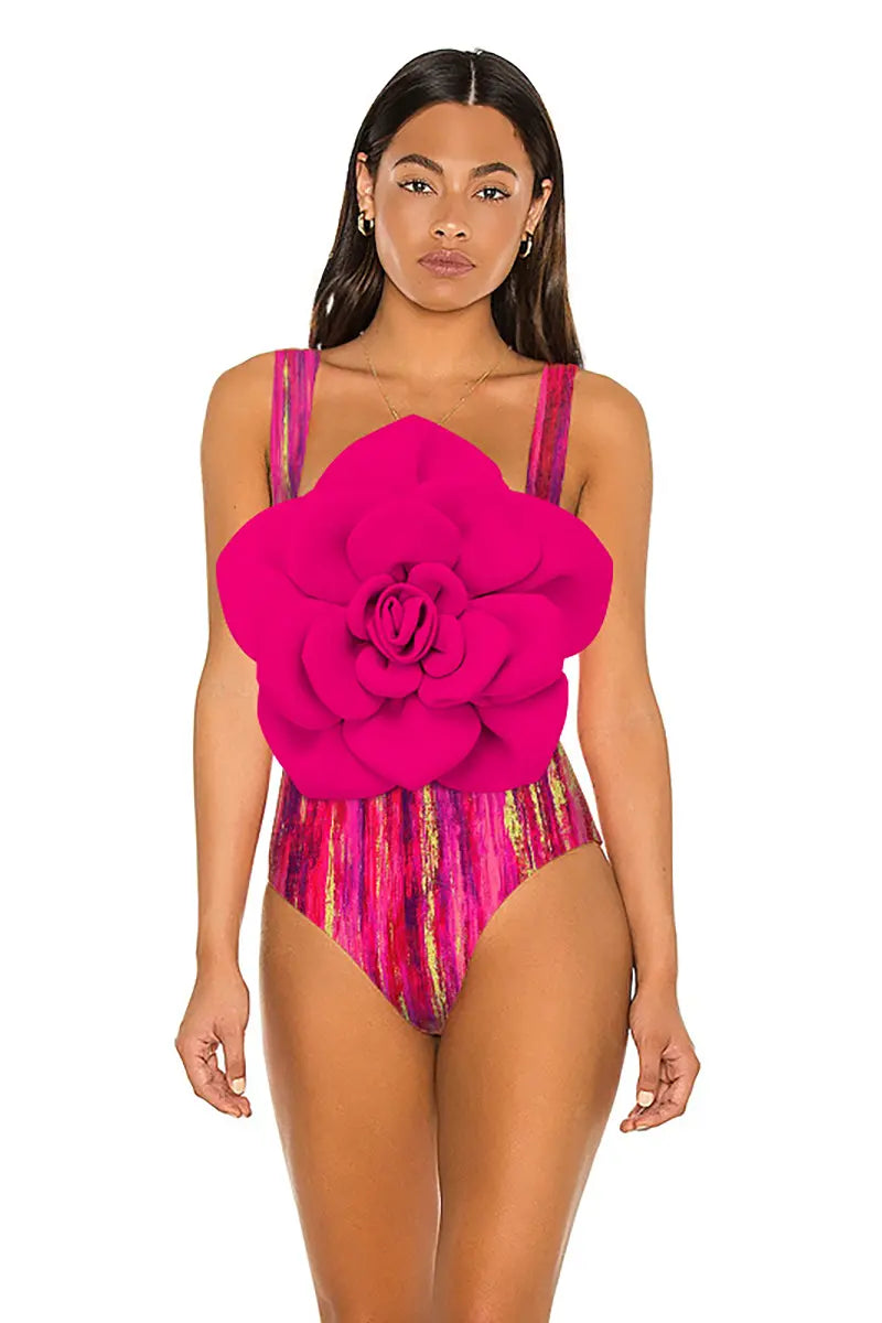 Flower Front Decor Patterned One Piece Swimwear Set