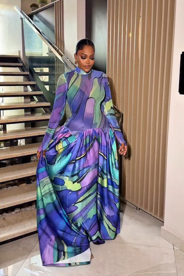 Blue Art-Paint Inspired Maxi-Length Dress