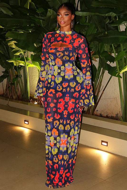 Indigo Retro Blush Art-Pattern Maxi-Length Dress